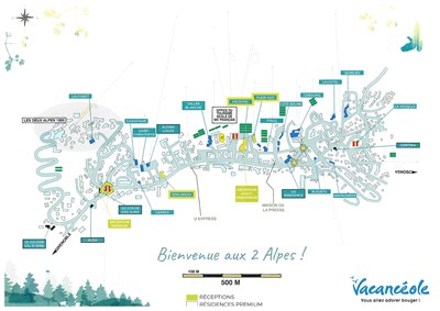 Les 2 Alpes – Cote Brune, Meijotel, Plein Sud, Vallée Blanche nebo jiné - plánek střediska s polohou rezidencí