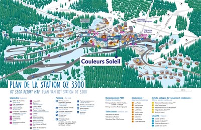 Alpe d'Huez – Les Couleurs Soleil - plánek Oz en Oisans a umístění rezidence Couleurs Soleil